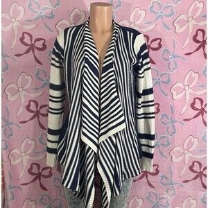 Pink Rose Navy Blue & White Striped Coastal LongSleeve Open Front Cardigan Small
